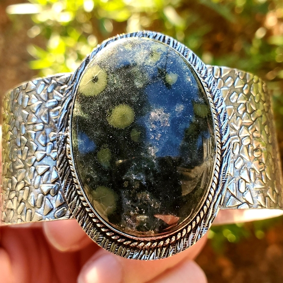 New Huge Kambaba Jasper 925 Silver Cuff Bracelet. - Picture 1 of 14